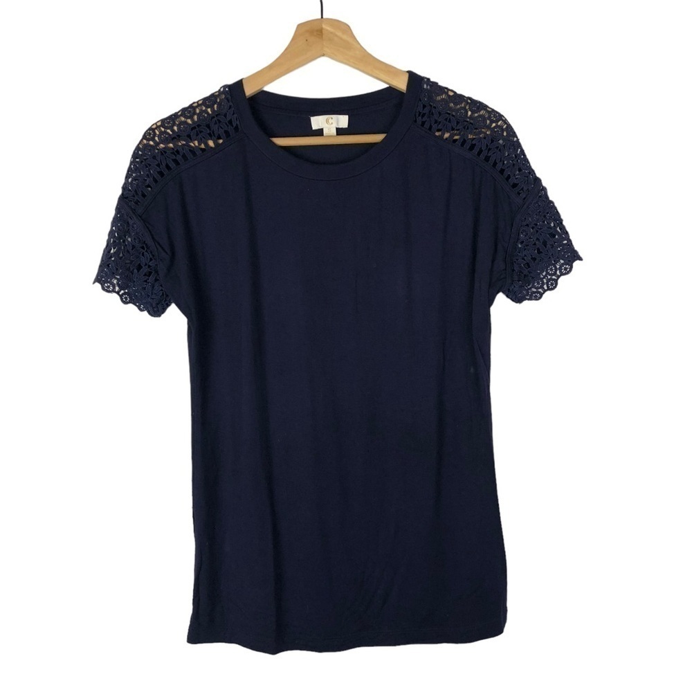 Charming Charlie Navy Blue Lace Shoulder Short Sleeve‎ Blouse S